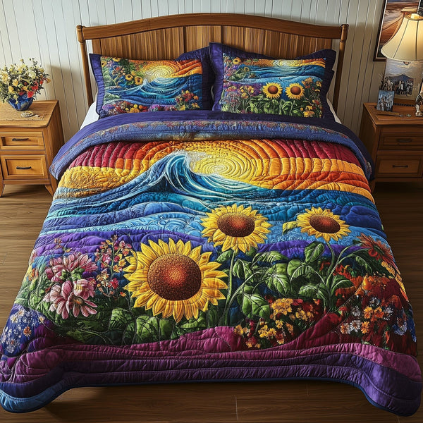 Sunflower Paradise quilted 3-piece bedding set on a made bed with two matching pillow shams