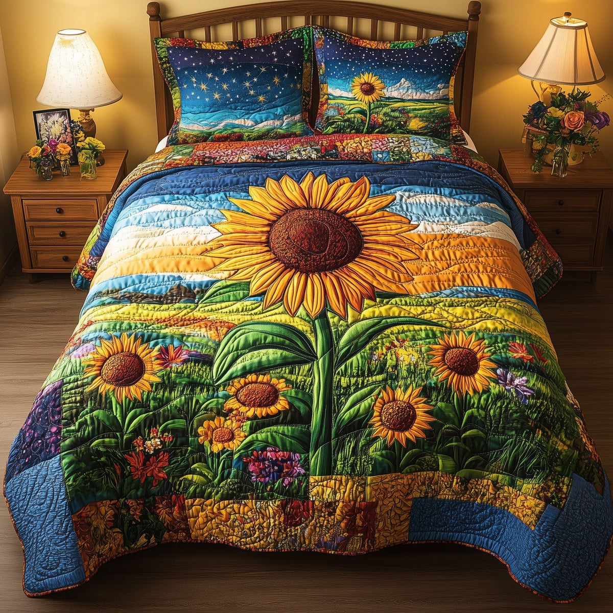 Sunflower Paradise quilted 3-piece bedding set on a made bed with two matching pillow shams