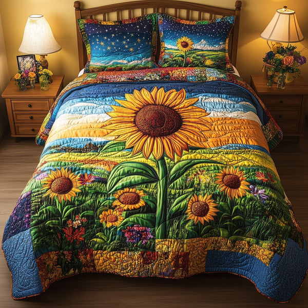 Sunflower Paradise quilted 3-piece bedding set on a made bed with two matching pillow shams