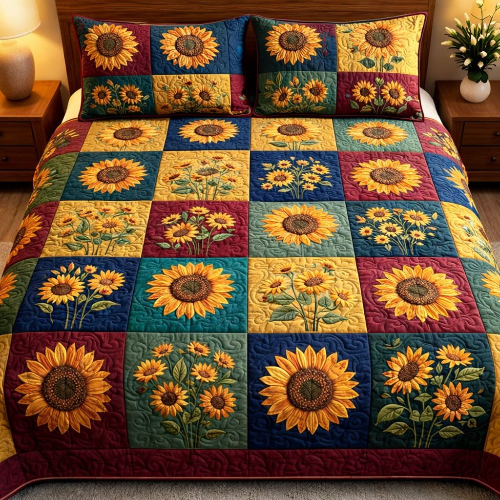 Sunflower Patch Glow quilted 3-piece bedding set on a made bed with two matching pillow shams