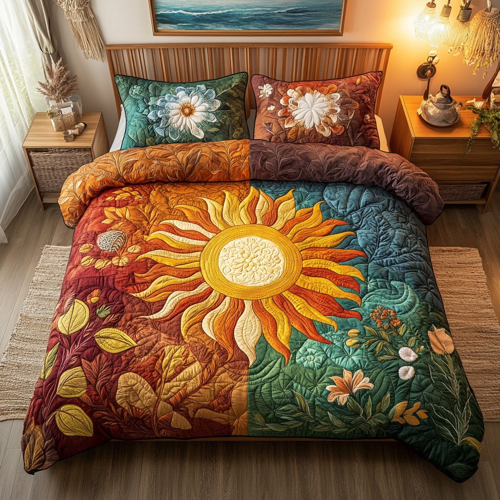 Sunflower Patch quilted 3-piece bedding set on a made bed with two matching pillow shams