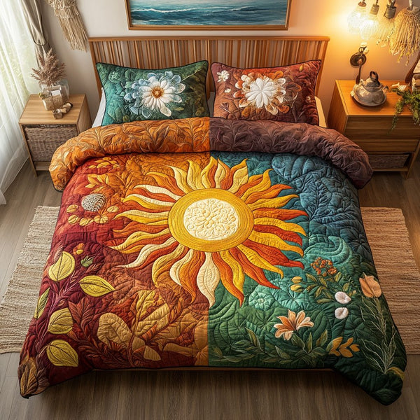 Sunflower Patch quilted 3-piece bedding set on a made bed with two matching pillow shams