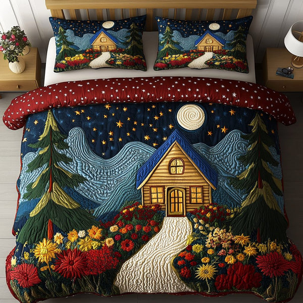 Sunflower Path quilted 3-piece bedding set on a made bed with two matching pillow shams