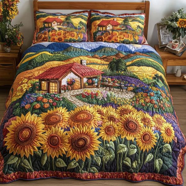 Sunflower Path quilted 3-piece bedding set on a made bed with two matching pillow shams