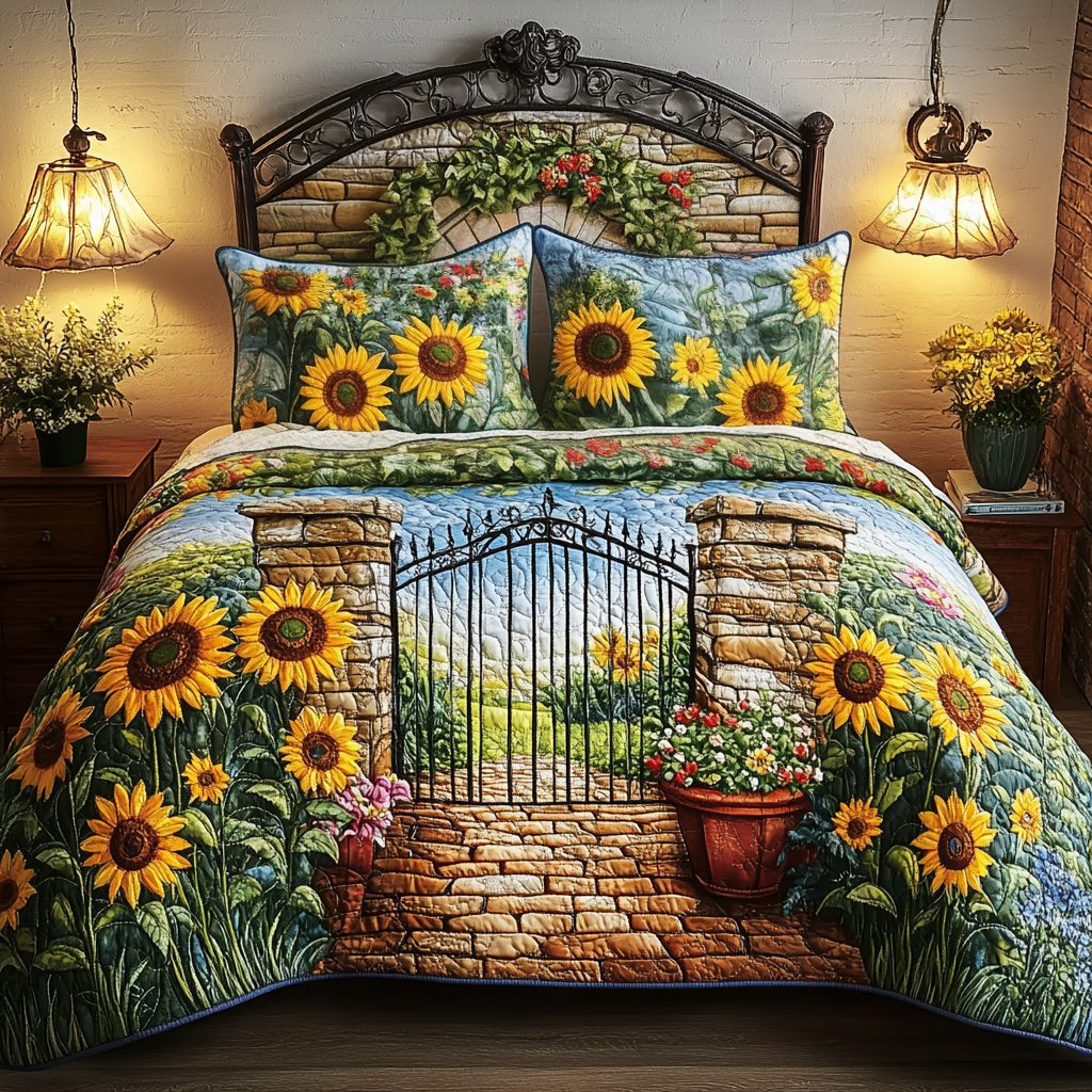 Sunflower Path quilted 3-piece bedding set on a made bed with two matching pillow shams