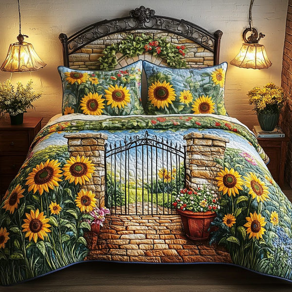 Sunflower Path quilted 3-piece bedding set on a made bed with two matching pillow shams
