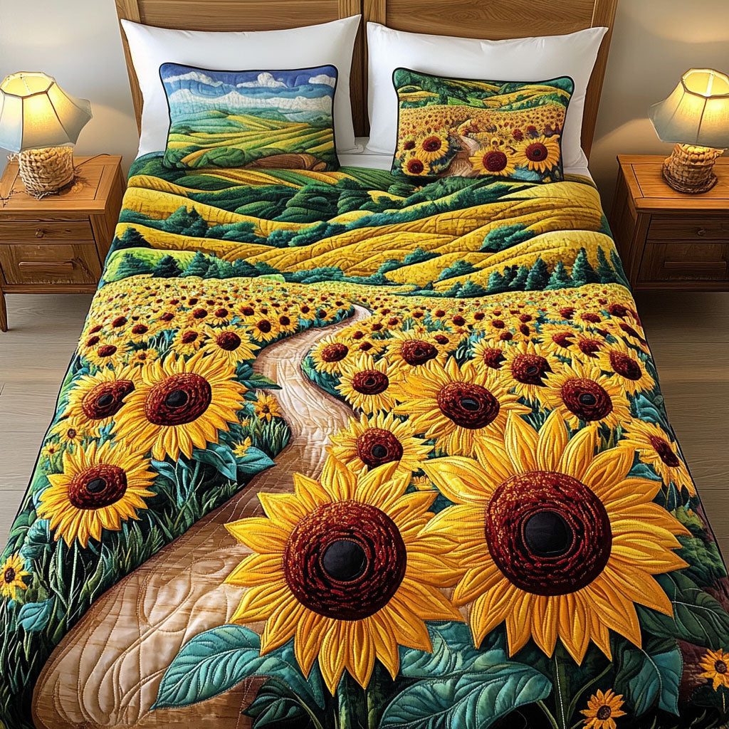 Sunflower Pathway quilted 3-piece bedding set on a made bed with two matching pillow shams