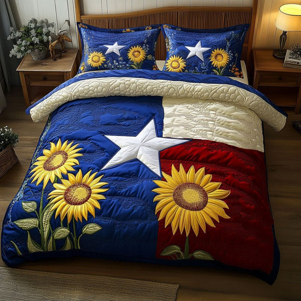 Sunflower Pride quilted 3-piece bedding set on a made bed with two matching pillow shams