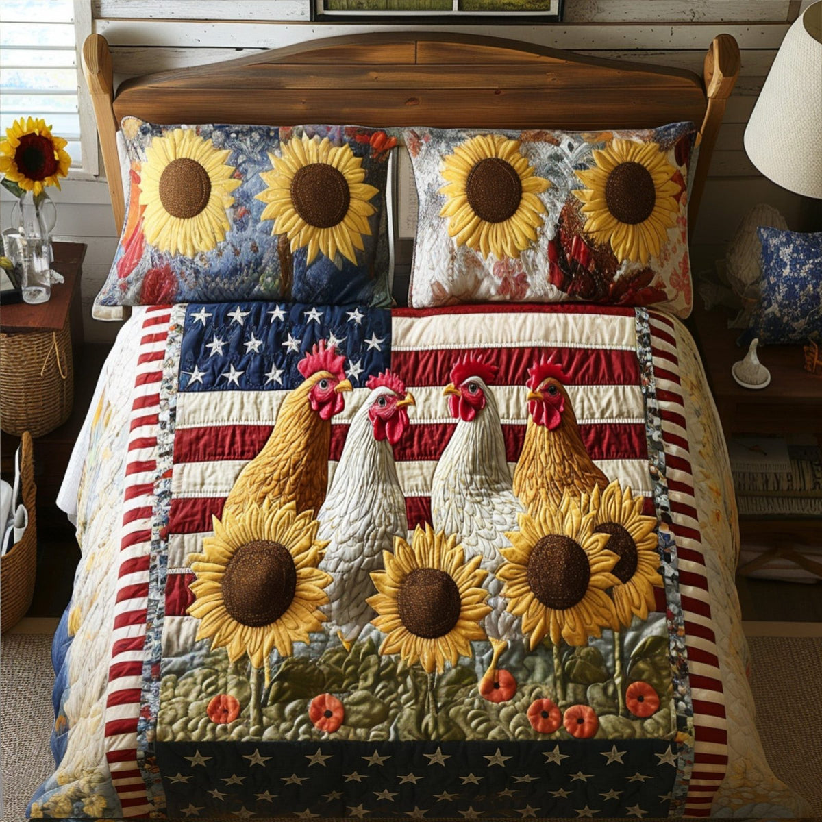 Sunflower Pride quilted 3-piece bedding set on a made bed with two matching pillow shams