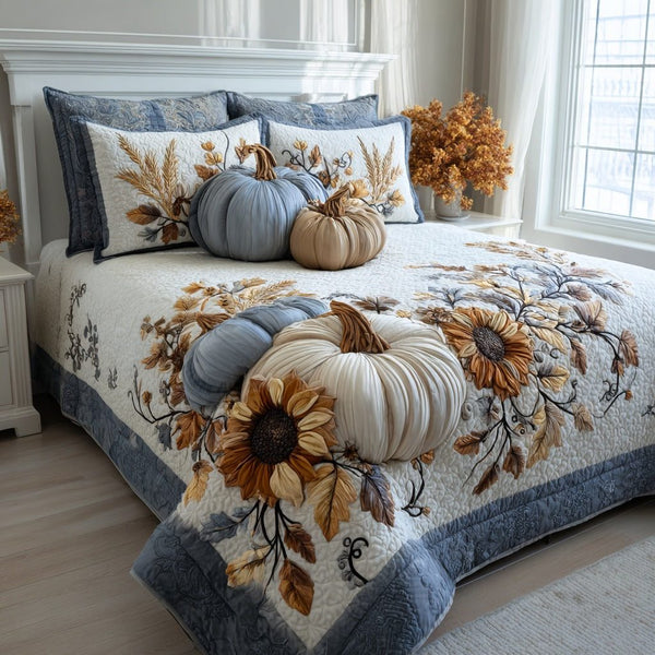 Sunflower Pumpkins quilted 3-piece bedding set on a made bed against a dark styled interior