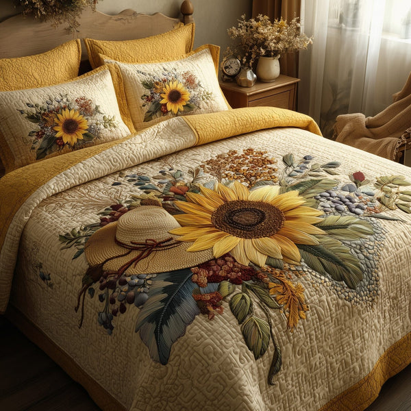 Sunflower quilted 3-piece bedding set on a made bed with two matching pillow shams