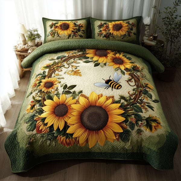 Sunflower quilted 3-piece bedding set on a made bed with two matching pillow shams