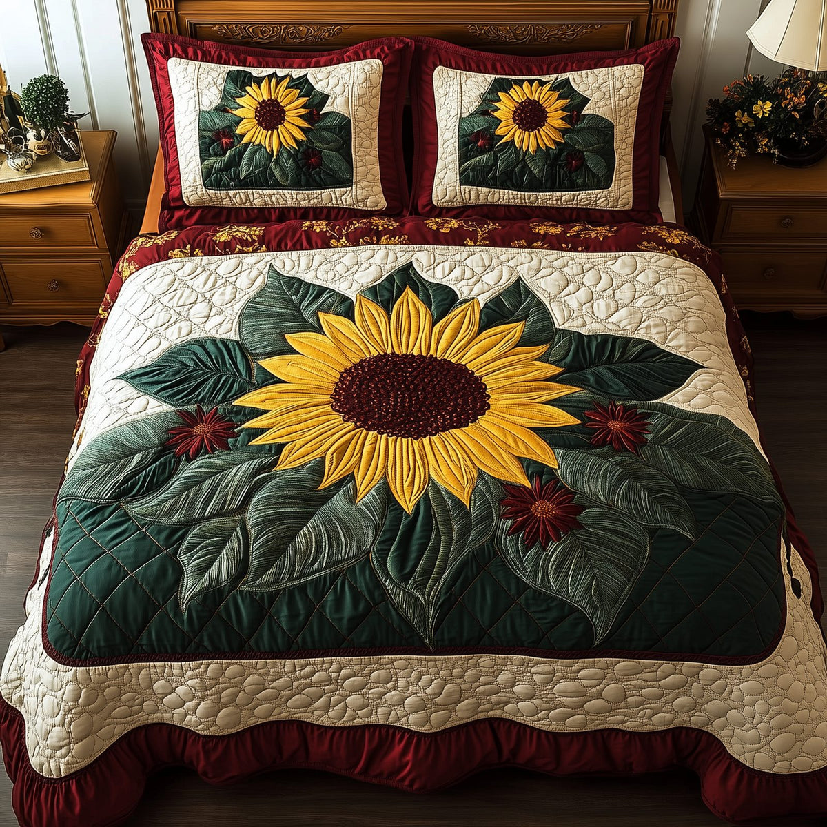 Sunflower quilted 3-piece bedding set on a made bed with two matching pillow shams