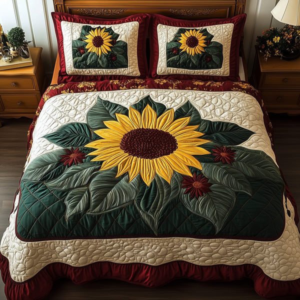 Sunflower quilted 3-piece bedding set on a made bed with two matching pillow shams