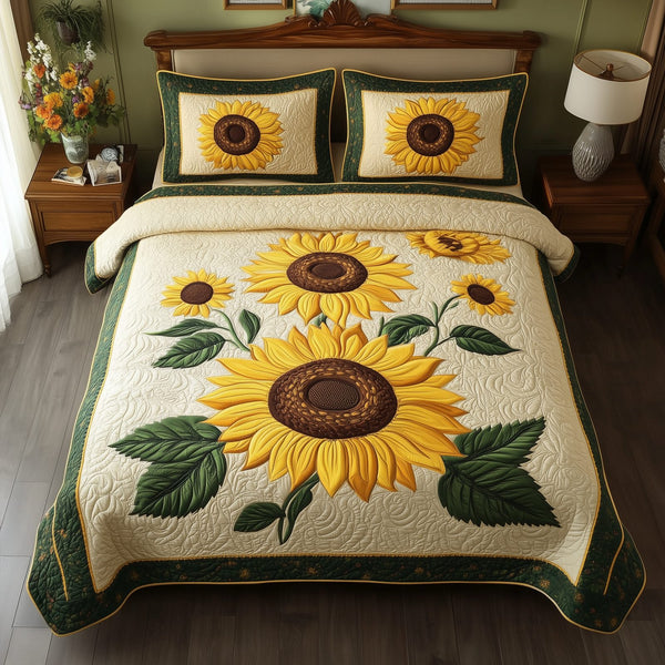 Sunflower quilted 3-piece bedding set on a made bed with two matching pillow shams