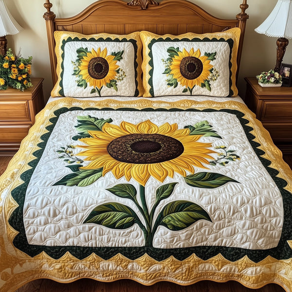 Sunflower quilted 3-piece bedding set on a made bed with two matching pillow shams