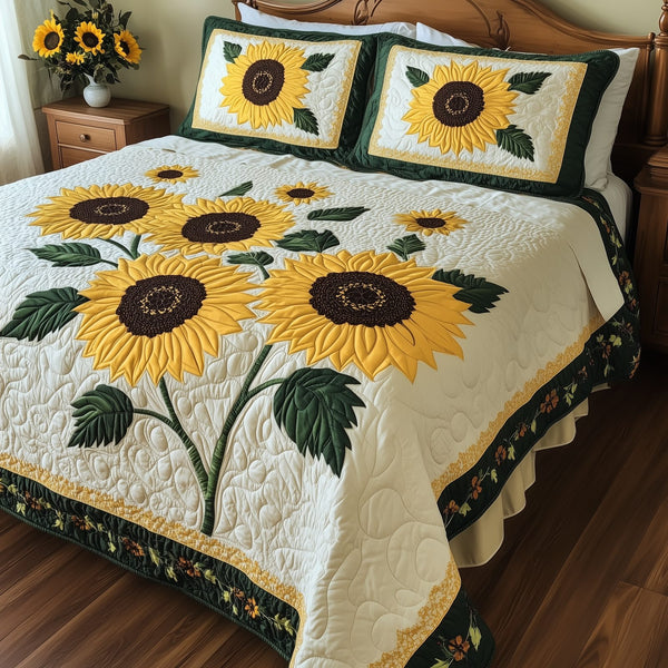 Sunflower quilted 3-piece bedding set on a made bed with two matching pillow shams