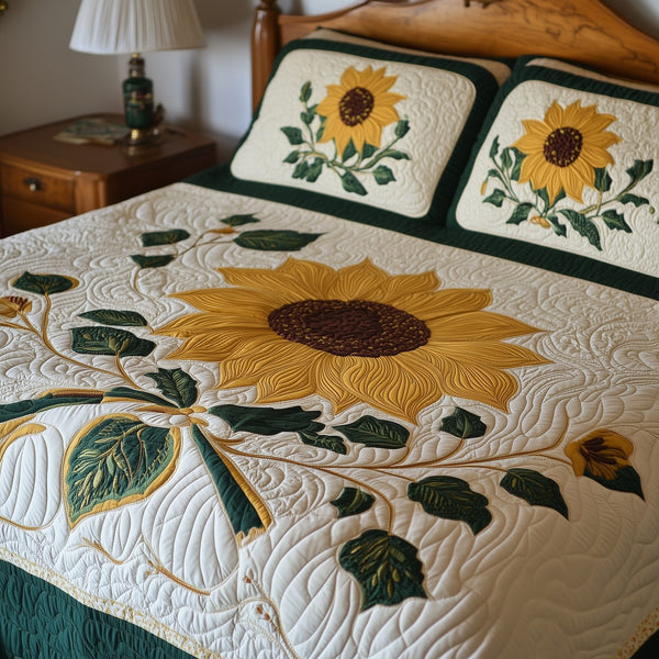 Sunflower quilted 3-piece bedding set on a made bed with two matching pillow shams