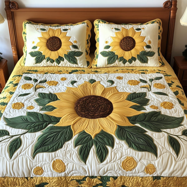 Sunflower quilted 3-piece bedding set on a made bed with two matching pillow shams
