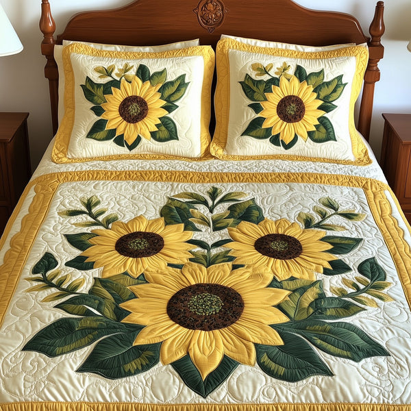 Sunflower quilted 3-piece bedding set on a made bed with two matching pillow shams