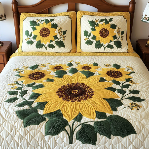 Sunflower quilted 3-piece bedding set on a made bed with two matching pillow shams