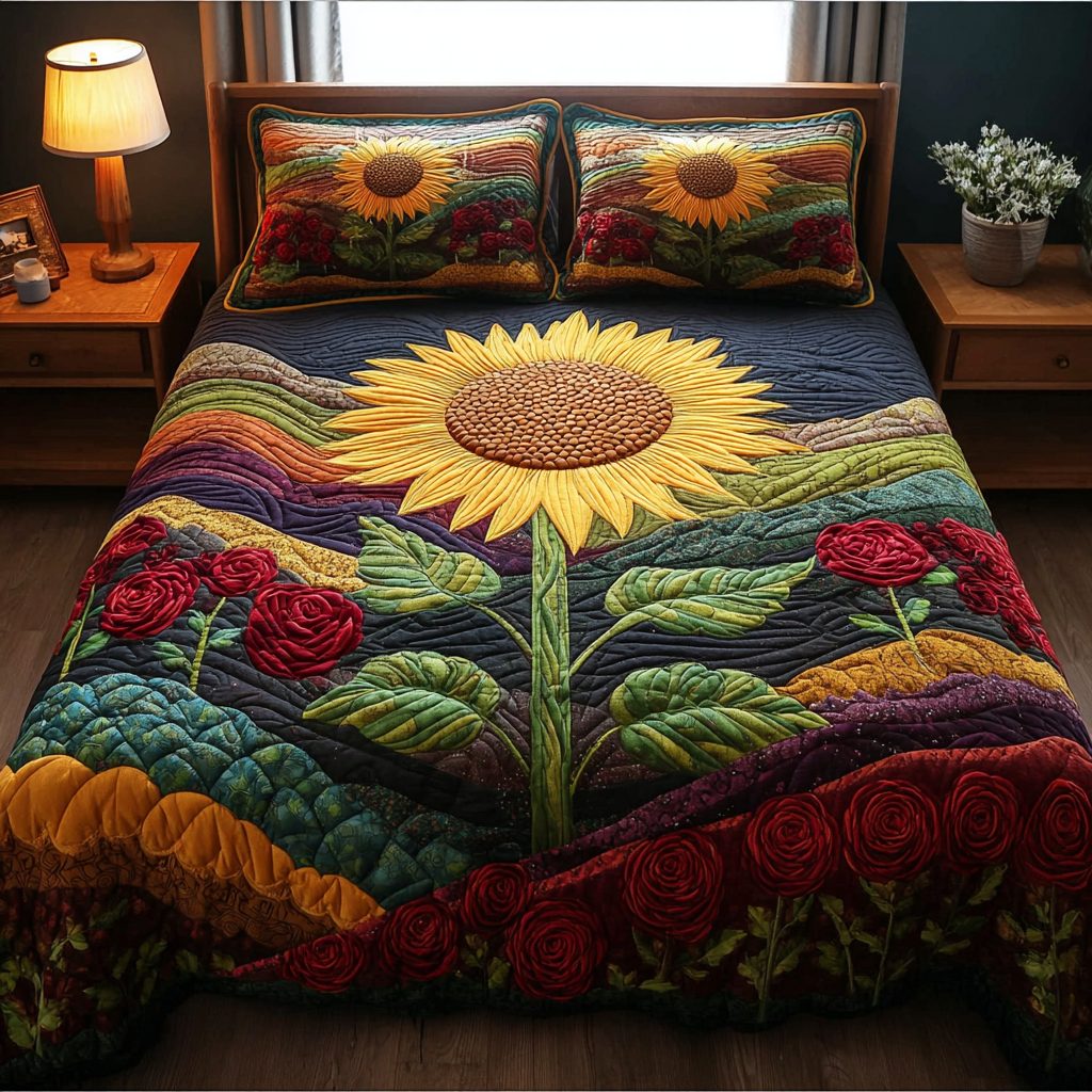 Sunflower Radiance quilted 3-piece bedding set on a made bed with two matching pillow shams