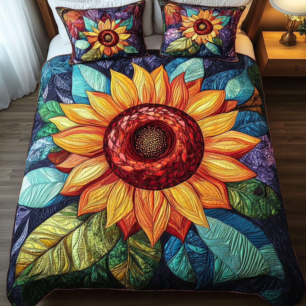 Sunflower Radiance quilted 3-piece bedding set on a made bed with two matching pillow shams