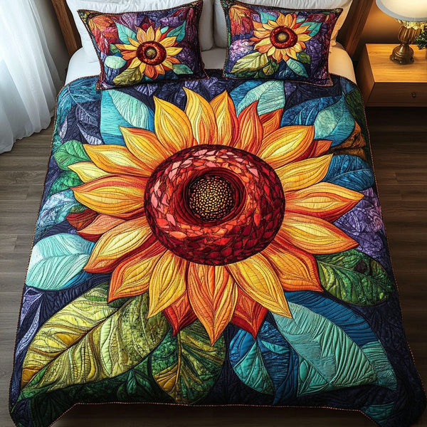 Sunflower Radiance quilted 3-piece bedding set on a made bed with two matching pillow shams