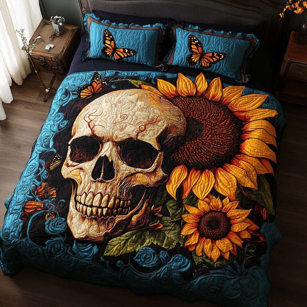 Sunflower Remains quilted 3-piece bedding set on a made bed with two matching pillow shams