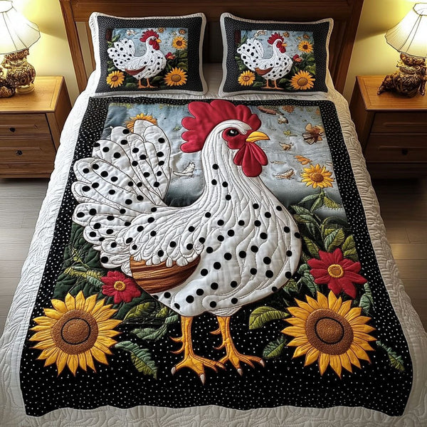 Sunflower Rooster quilted 3-piece bedding set on a made bed with two matching pillow shams