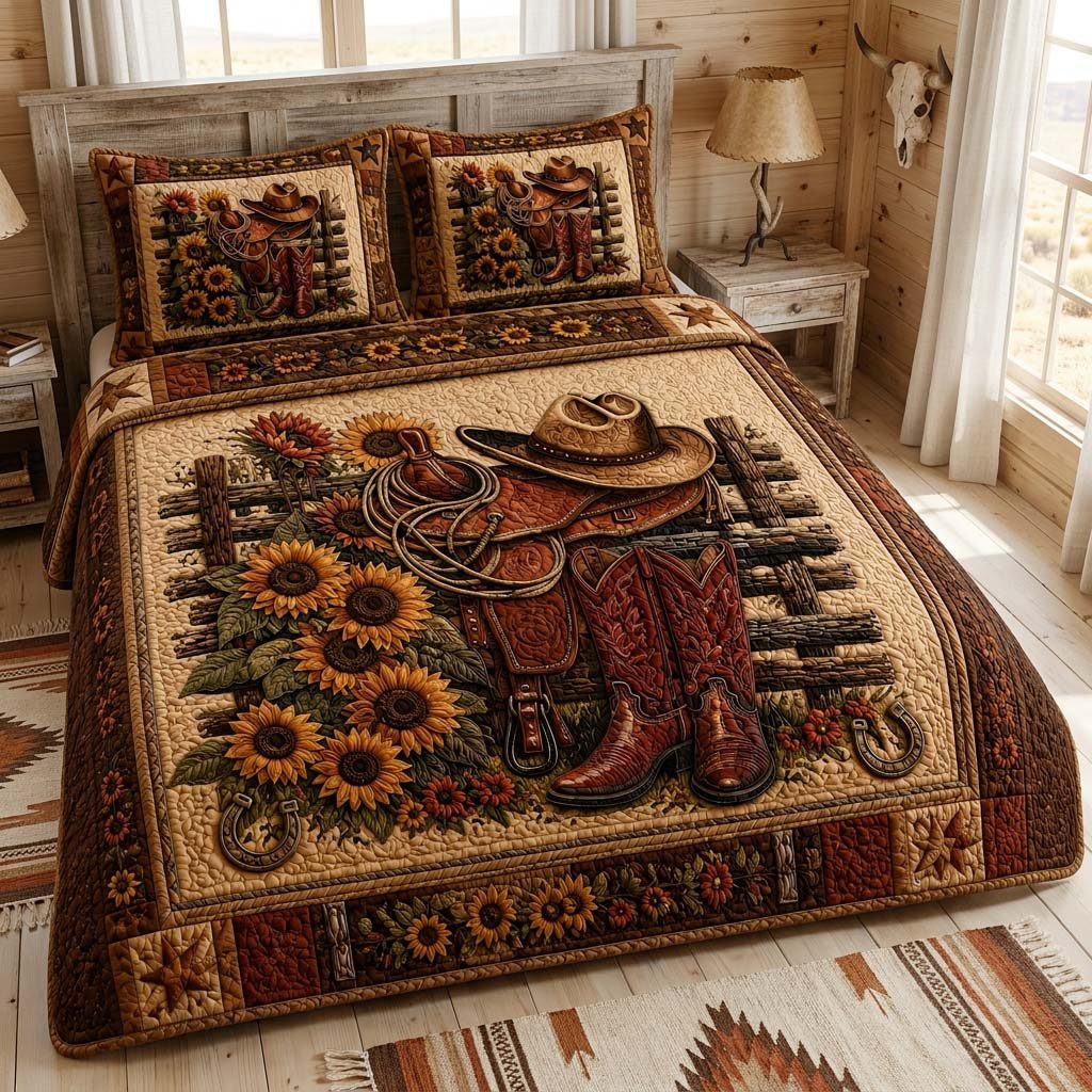 Sunflower Saddle quilted 3-piece bedding set on a made bed in a rustic timber bedroom