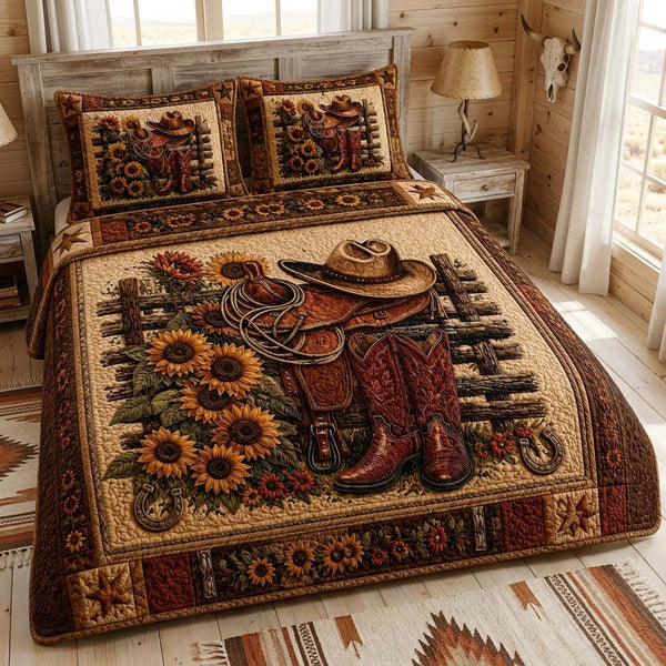 Sunflower Saddle quilted 3-piece bedding set on a made bed in a rustic timber bedroom