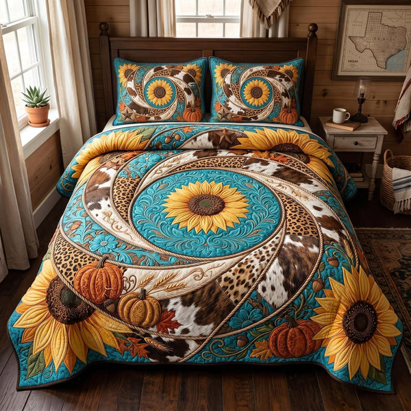 Sunflower Safari quilted 3-piece bedding set on a made bed with two matching pillow shams