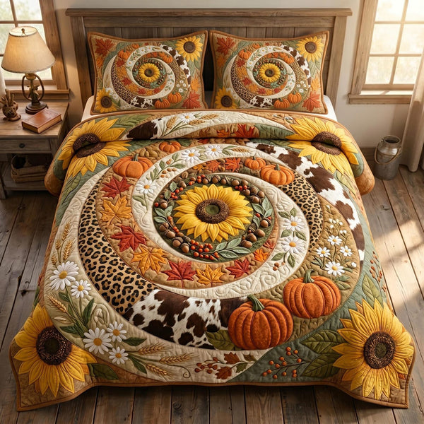 Sunflower Safari quilted 3-piece bedding set on a made bed with two matching pillow shams