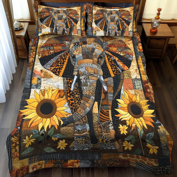 Sunflower Safari quilted 3-piece bedding set on a made bed with two matching pillow shams