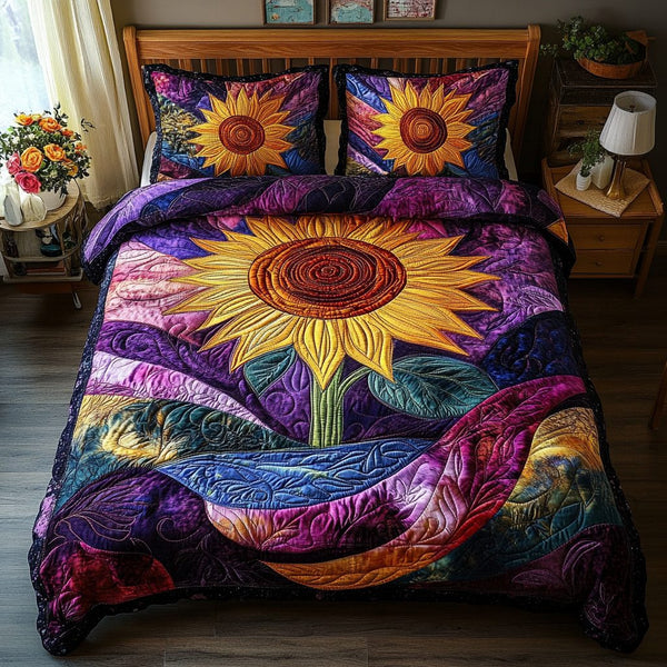 Sunflower Serenity quilted 3-piece bedding set on a made bed with two matching pillow shams