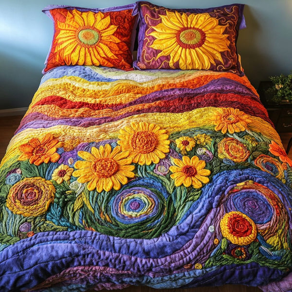 Sunflower Serenity quilted 3-piece bedding set on a made bed with two matching pillow shams