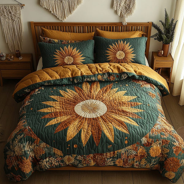 Sunflower Serenity quilted 3-piece bedding set on a made bed with two matching pillow shams