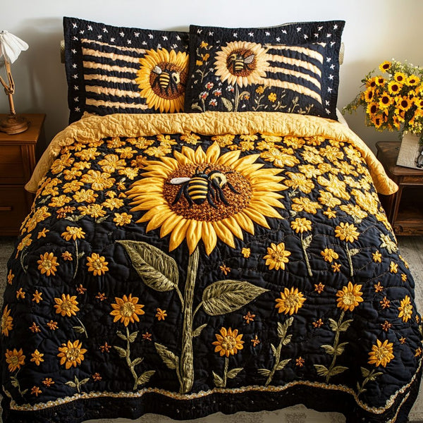 Sunflower Shine quilted 3-piece bedding set on a made bed with two matching pillow shams