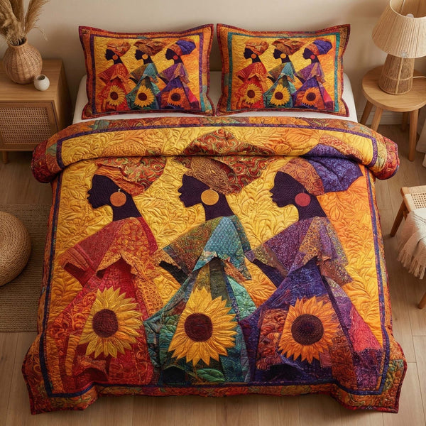 Sunflower Sisters quilted 3-piece bedding set on a made bed with two matching pillow shams