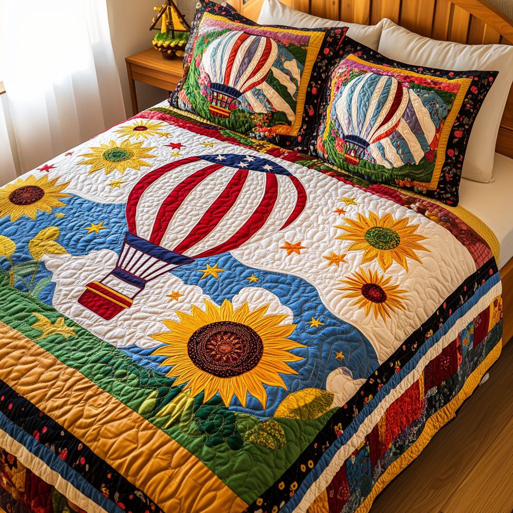 Sunflower Sky Ride quilted 3-piece bedding set on a made bed with two matching pillow shams