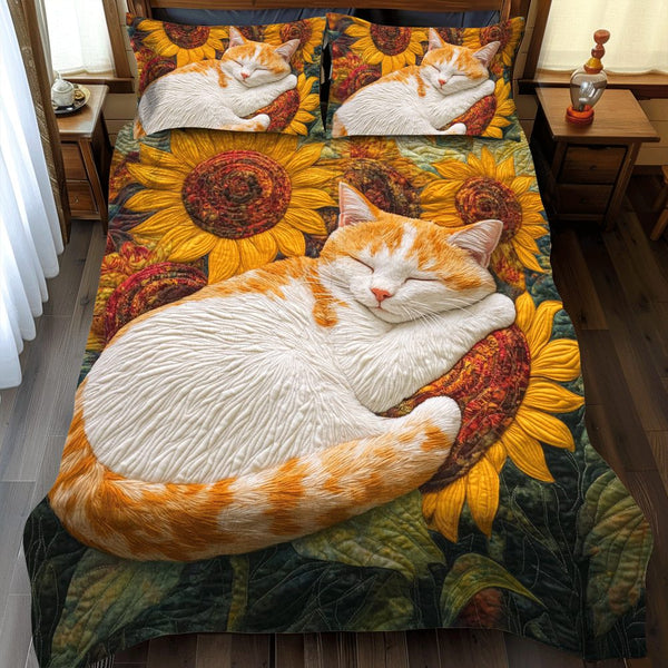 Sunflower Sleeping Cat quilted 3-piece bedding set on a made bed with two matching pillow shams