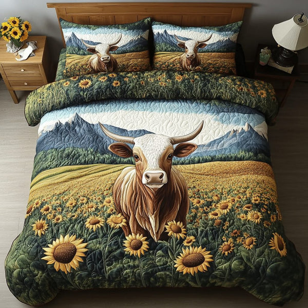 Sunflower Snuggle quilted 3-piece bedding set on a made bed with two matching pillow shams