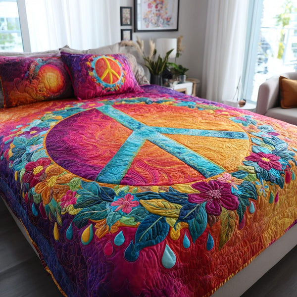 Sunflower Soul quilted 3-piece bedding set on a made bed with two matching pillow shams