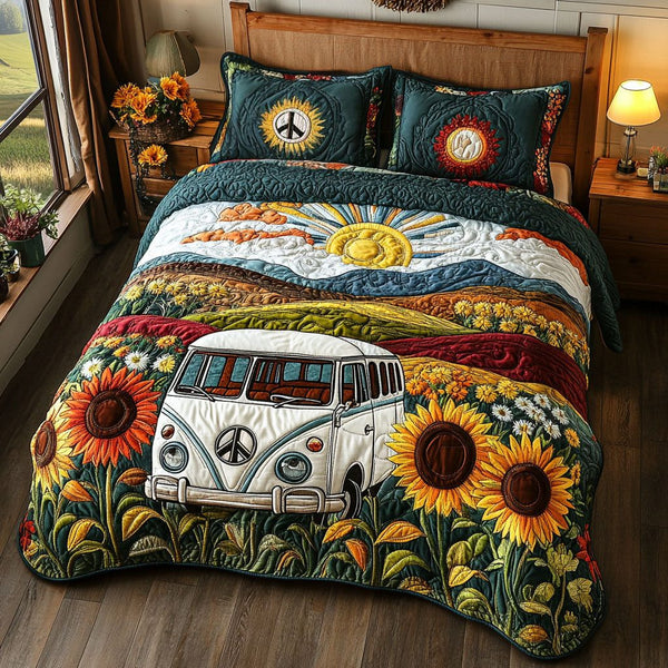 Sunflower Soul Van quilted 3-piece bedding set on a made bed with two matching pillow shams