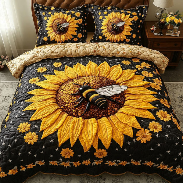 Sunflower Spirit quilted 3-piece bedding set on a made bed with two matching pillow shams
