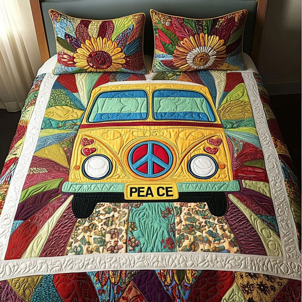 Sunflower Spirit quilted 3-piece bedding set on a made bed with two matching pillow shams