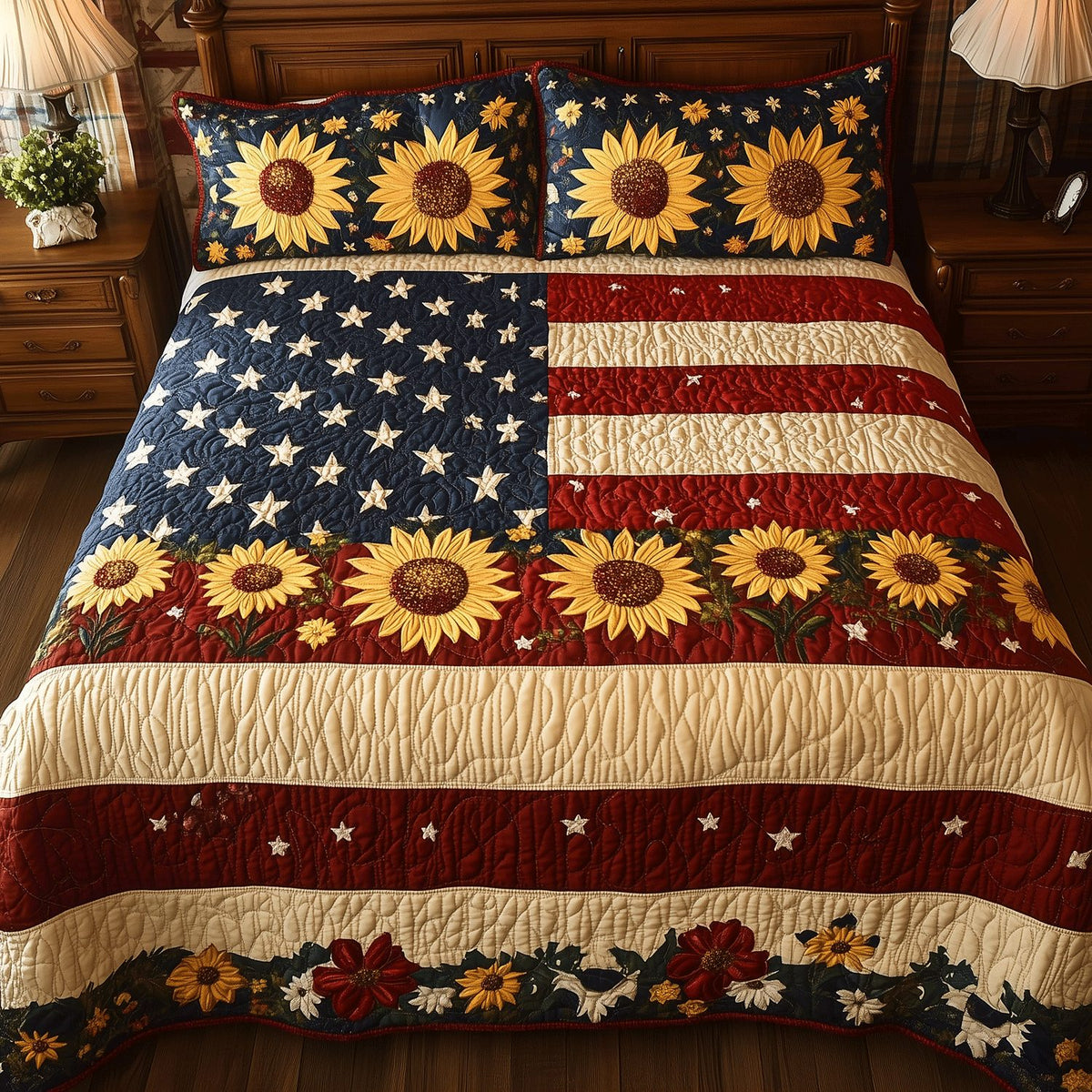 Sunflower Spirit quilted 3-piece bedding set on a made bed with two matching pillow shams