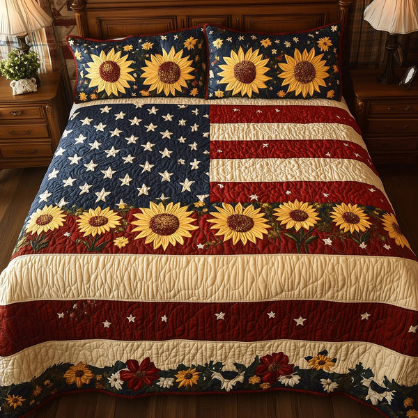 Sunflower Spirit quilted 3-piece bedding set on a made bed with two matching pillow shams