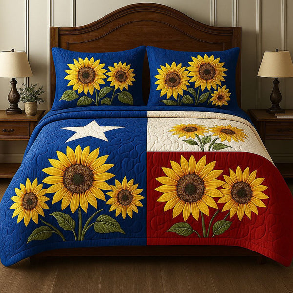 Sunflower State quilted 3-piece bedding set on a made bed with two matching pillow shams